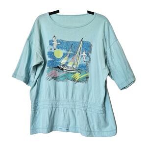 Vtg 80s Graphic Tshirt Size XL Blue Beach Sailboat Nautical Wearable Art Neon
